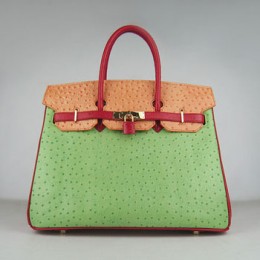 Hermes Birkin 35Cm Ostrich Stripe Handbags Red/Orange/Green Gold